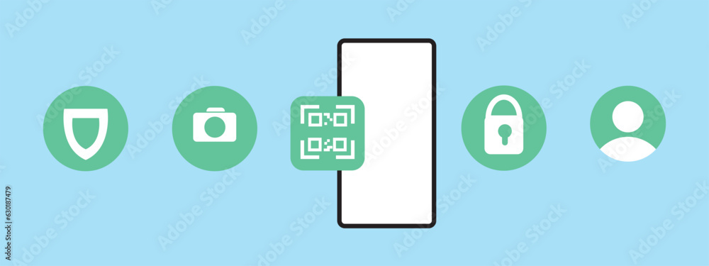 Aufkleber a smartphone with a blue screen next to a green square with a white qr code and round icons on the s