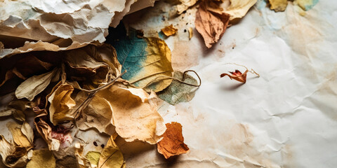Banner with crumpled paper and dry autumn leaves.