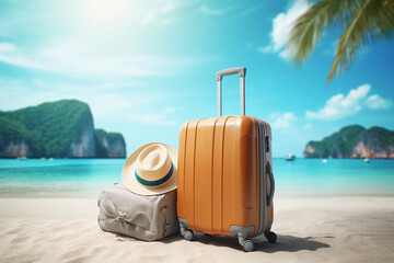Summer holiday with hat and suitcase on clear water beach. world tourism day, Generative AI