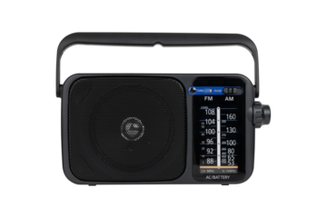 Radio receiver on a white background. Black portable wireless radio close-up isolated on a white background.