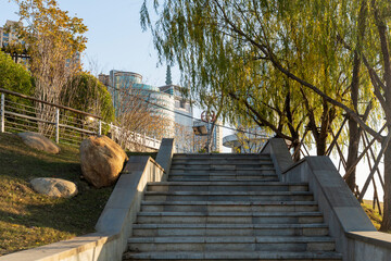 Close up and details of railing and stairs of a modern building