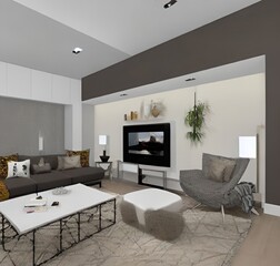 living room with a couch, a television and wall and lamp and table and charis and plant