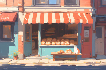 a cat next to the bakery