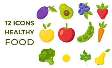 A set of 12 bright icons of fresh, juicy vegetables and fruits. Concept of healthy eating, vegetarian food. For banner, template, editing