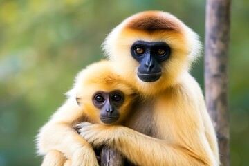 Fototapeta premium Close image of Cheeked Gibbon monkey mother with a child in the forest.