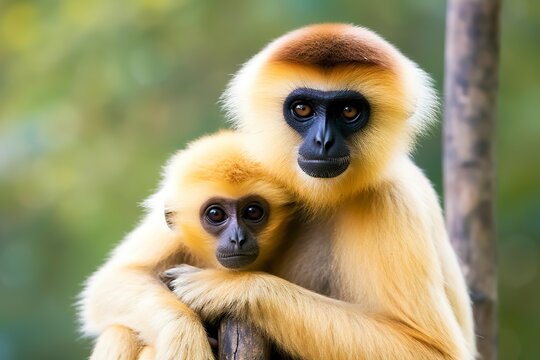 Close image of Cheeked Gibbon monkey mother with a child in the forest.