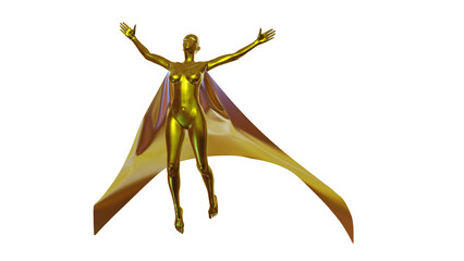Superhero with cape. Superheroine. Female Super hero with flowing cape. Golden Superheroine. Gold woman with cape flowing behind her body. 3d render illustration
