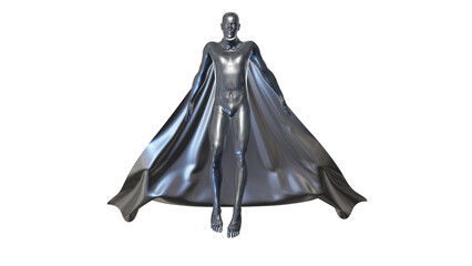 Superhero with cape. Male Super hero with flowing cape. Silver man with shiny cape flowing behind body. 3d render illustration.