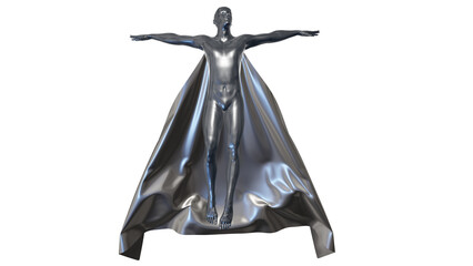 Superhero with cape. Male Super hero with flowing cape. Silver man with shiny cape flowing behind body. 3d render illustration.