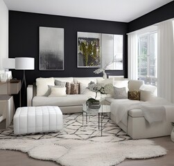living room with a couch, a television and wall and lamp and table and charis and plant