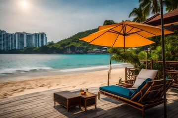 Fototapeta na wymiar beach chairs and umbrella generatred ai