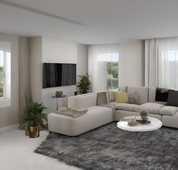 living room with a couch, a television and wall and lamp and table and charis and plant