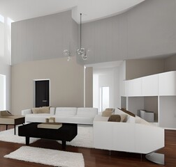 living room with a couch, a television and wall and lamp and table and charis and plant