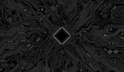 CPU Chip on Motherboard. Central Computer Processors CPU concept. Quantum computer, large data processing, database concept. Futuristic microchip processor. Digital chip.