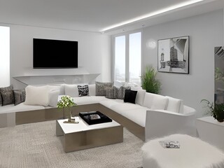 living room with a couch, a television and wall and lamp and table and charis and plant