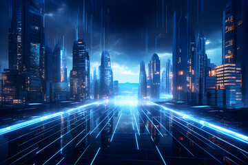 Skyline at night technology background with modern building and city, AI generate