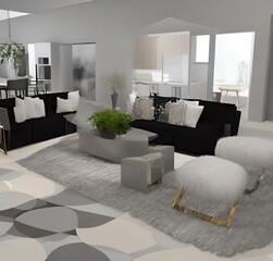 living room with a couch, a television and wall and lamp and table and charis and plant