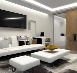 living room with a couch, a television and wall and lamp and table and charis and plant
