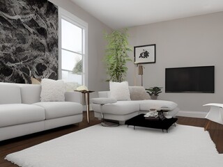 living room with a couch, a television and wall and lamp and table and charis and plant