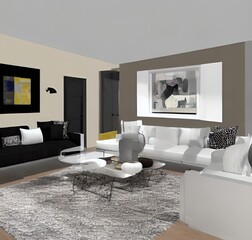 living room with a couch, a television and wall and lamp and table and charis and plant