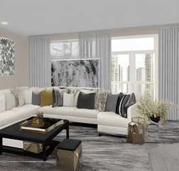 living room with a couch, a television and wall and lamp and table and charis and plant