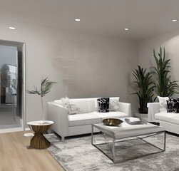 living room with a couch, a television and wall and lamp and table and charis and plant