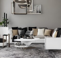 living room with a couch, a television and wall and lamp and table and charis and plant