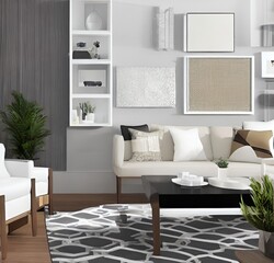 living room with a couch, a television and wall and lamp and table and charis and plant
