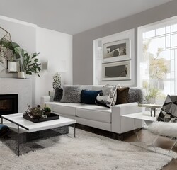 living room with a couch, a television and wall and lamp and table and charis and plant