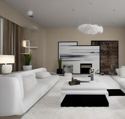 living room with a couch, a television and wall and lamp and table and charis and plant