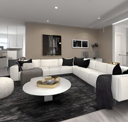 living room with a couch, a television and wall and lamp and table and charis and plant