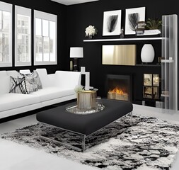 living room with a couch, a television and wall and lamp and table and charis and plant