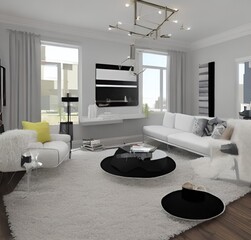 living room with a couch, a television and wall and lamp and table and charis and plant