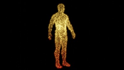 Human body made of glowing yellow points, dots.  Microbiome bacteria, viruses, microbes on body. 3d render illustration.