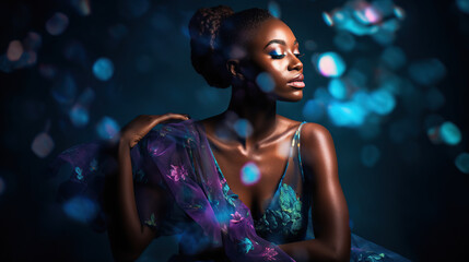 portrait of african woman on dark blue background 