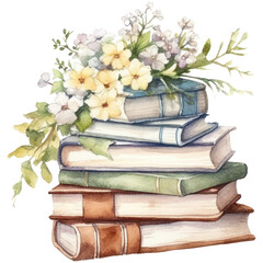 Watercolor of Books and Decorative of Bouquet Flowers for a Festive Card, Greeting Card, Invitation. Magic Books with Floral Illustration.