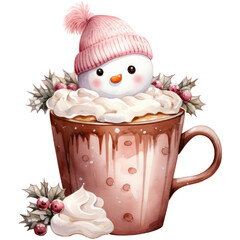 Watercolor Pastel Hot Chocolate. Pink Christmas Theme Illustration. Holiday season food artwork. Handmade ornament with a cocoa drink.