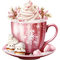 Watercolor Pastel Hot Chocolate. Pink Christmas Theme Illustration. Holiday season food artwork. Handmade ornament with a cocoa drink.