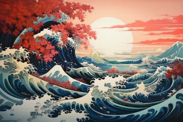 Ukiyo-e Art Depicting Waves and Mount Fuji