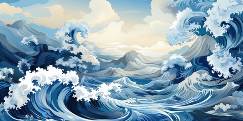 Ocean Blue Japanese Wave Pattern Wallpaper