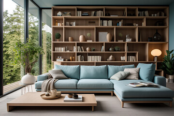 Modern living room interior with  aqua sofa and  bookshelf .Generative AI