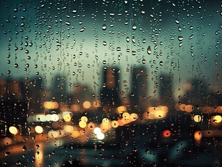 Raindrops on Transparent Window Overlooking City