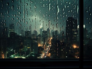 Raindrops on Transparent Window Overlooking City