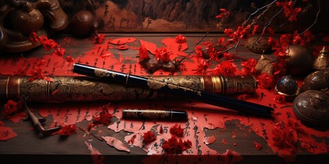 Red and Gold Chinese Calligraphy Wallpaper