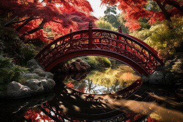 Koi Pond Reflection of Red Asian Bridge
