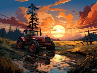 Tractor Plowing Field at Sunrise