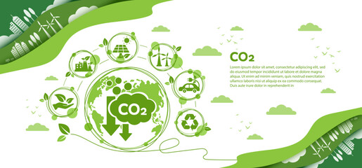 The concept of reduce co2 emission using clean energy and reduce climate change problem with flat icon vector illustration. Green environment templet infographic design for web banner.