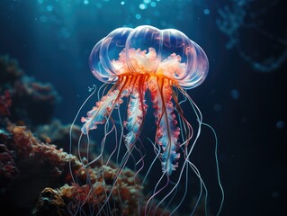 Deep Ocean Blue Embracing Transparent Jellyfish