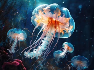 Deep Ocean Blue Embracing Transparent Jellyfish