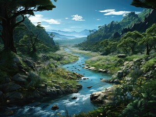 Fototapeta na wymiar Densely Forested Landscape with Transparent River